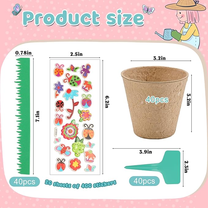 NNG 40 Set Garden Paper Pot Craft Kit,40Pcs Round Paper Mache Pots Peat Plant Pots with 400pcs Adhesive Foam Stickers & 40Pcs Pots Labels,Flower Plant Spring Craft for DIY Flower Planting