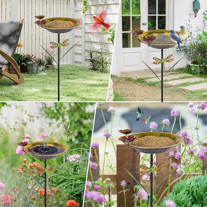 DREAMSOUL 39" Tall Bird Bath with Dragonfly Stake, Metal Birdbath with Flower Feeders, Freestanding Bird Bath for Outside Garden Yard Patio