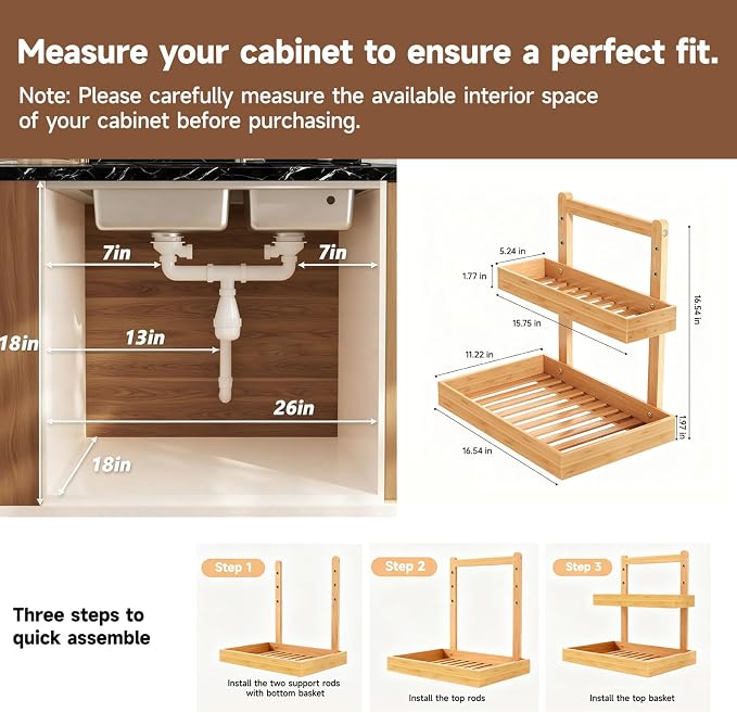 Bamboo Under Sink Organizer - 2 Tier Pull Out Cabinet Shelves with Adjustable Height, Undersink Storage Slide Out for Kitchen Bathroom Cabinet Pantry (Natual, 2 Packs)