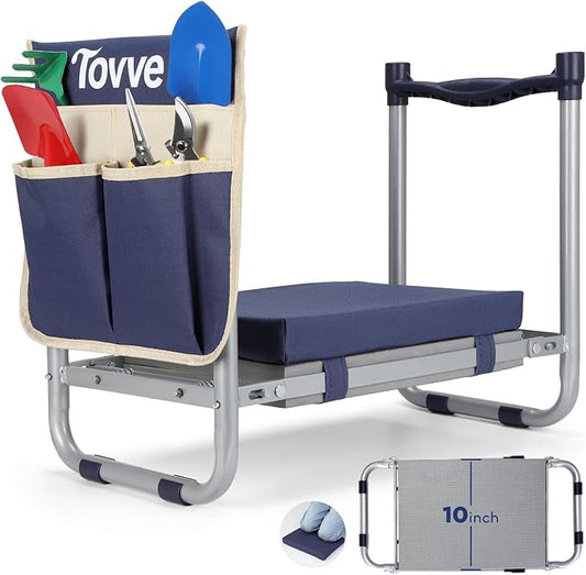Tovve Foldable Garden Kneeler and Seat, Heavy Duty Garden Stool with 10" Wide Detachable Kneeling Pad, Portable Garden Bench Chair with Large Garden Tool Bag, Gardening Gifts for Women, Seniors, Mom