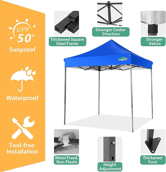 COBIZI 6.6x6.6 Pop up Canopy Tent 6.6x6.6 Canopy No Sidewall Waterproof Heavy Duty Commercial for Parties Outdoor Garden Gazebo Tent, Carry Bag with Wheel(6.6x6.6ft No Sidewalls, Blue)