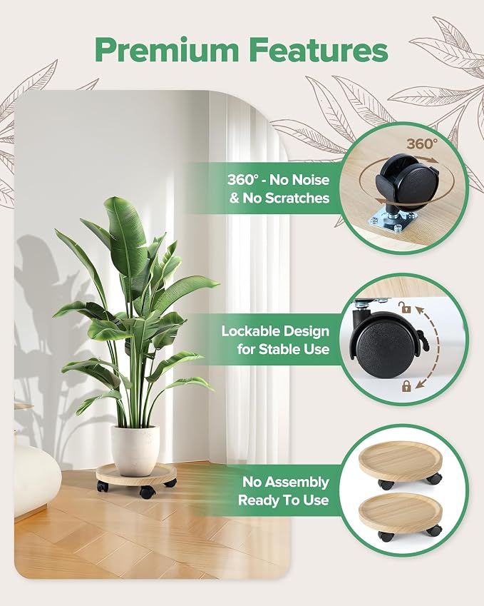 2 Pack Plant Caddy With Wheels, 12" Wood Rolling Plant Stand with 360° Lockable Wheels, Plant Stands Outdoor for Large Plants, Flower Cart Plant Dolly Plant Caster for Heavy Objects, Natural