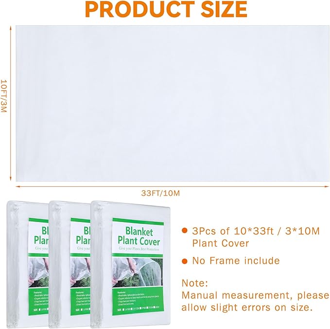 Uiifan 3 Pcs Plant Cover Freeze Protection 10 x 33 ft Floating Row Blanket Reusable Garden Bed Cover Frost Cloth Frost Blankets for Outdoor Plants Winter Cold Weather Pest Overheat Fabric(White)