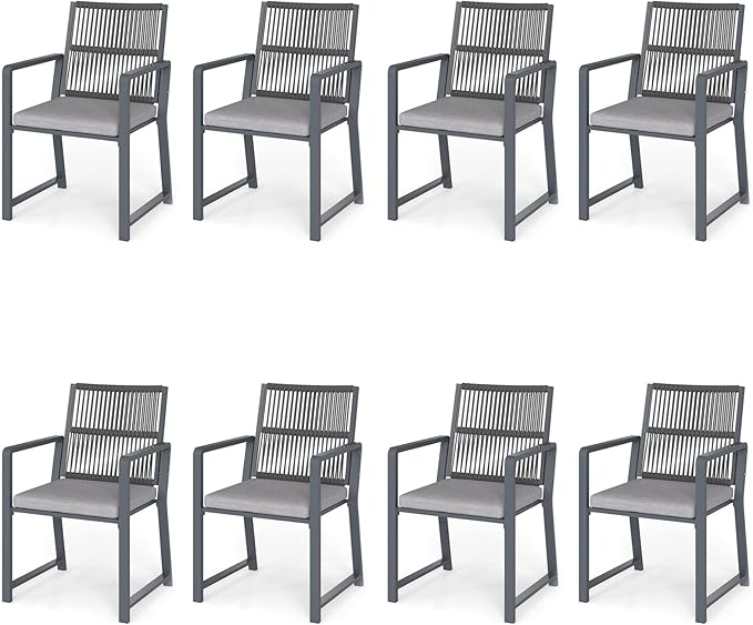 Outdoor Patio Wicker Rattan Dining Chairs, Heavy-Duty Wrought Iron Frame Supports 300lbs, Ergonomic Backrest, Detachable Breathable Cushion, for Garden & Porch, Dark Gray, Set of 8