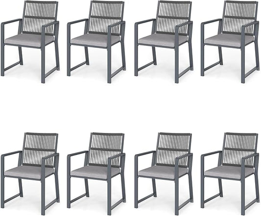 Outdoor Patio Wicker Rattan Dining Chairs, Heavy-Duty Wrought Iron Frame Supports 300lbs, Ergonomic Backrest, Detachable Breathable Cushion, for Garden & Porch, Dark Gray, Set of 8