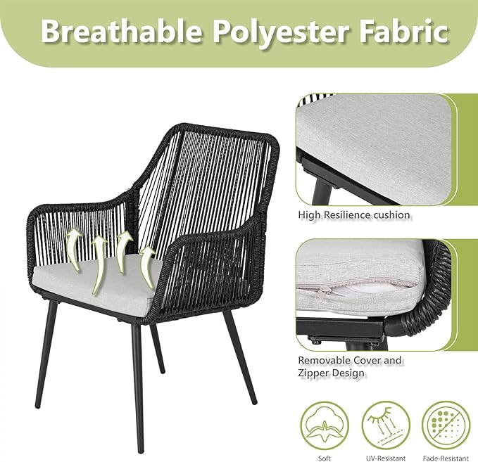 Patio Dining Chairs Outdoor Dining Chairs with Armrest and Cushion Set of 4, All-Weather Woven Twisted Wicker Rattan Chair, Modern Indoor Outdoor Seating for Garden, Lawn, Backyard, Black