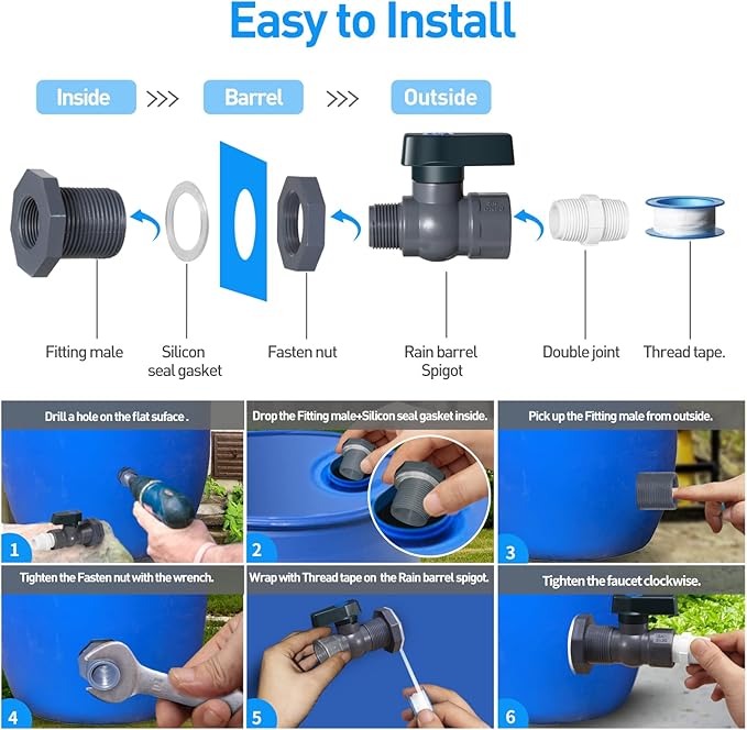 Suswillhit Rain Barrel Spigot Kit - Water Barrel PVC Garden Diverter Kit with Bulkhead Fitting Hose Faucet Adapter and Thread Seal Tape for Water Tanks, Aquariums, Tubs, Pools, Garden Barrels(1 Pack)