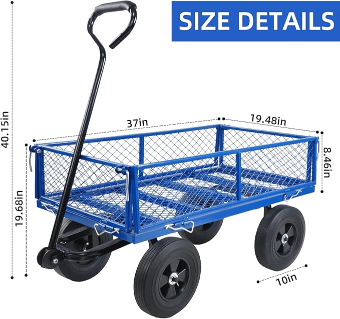Heavy Duty 480 Lbs Capacity Mesh Steel Garden Cart Folding Utility Wagon with Removable Sides, Solid Wheels Tools Cart Wagon Cart, Easier to Transport Firewood (Blue)