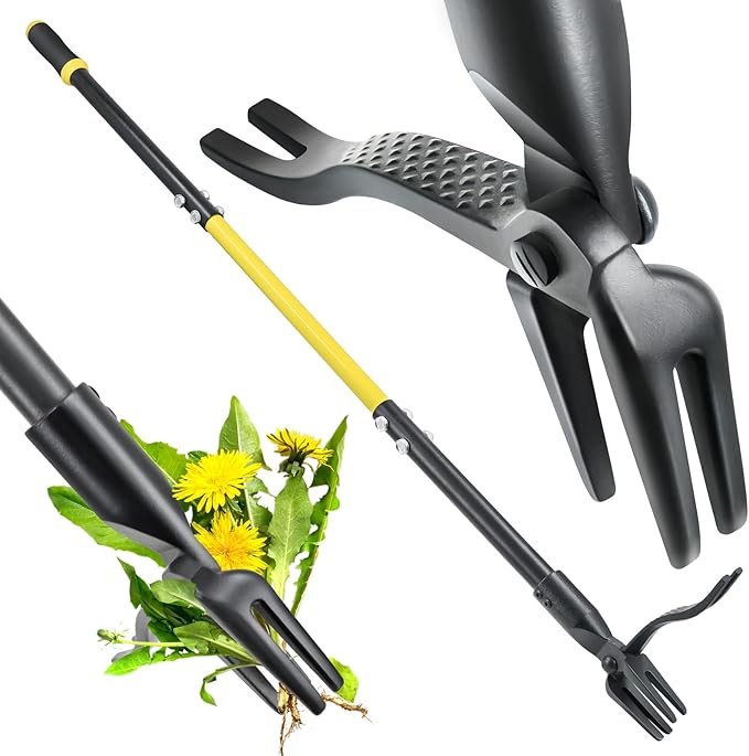 Jardineer Weed Puller Tool Stand Up Heavy Duty, 45" Weed Remover Tool with Long Handle and 4-Claw Steel Head, Manual Weeding Tool for Garden Lawn Yard, Easily Remove Weeds Without Bending
