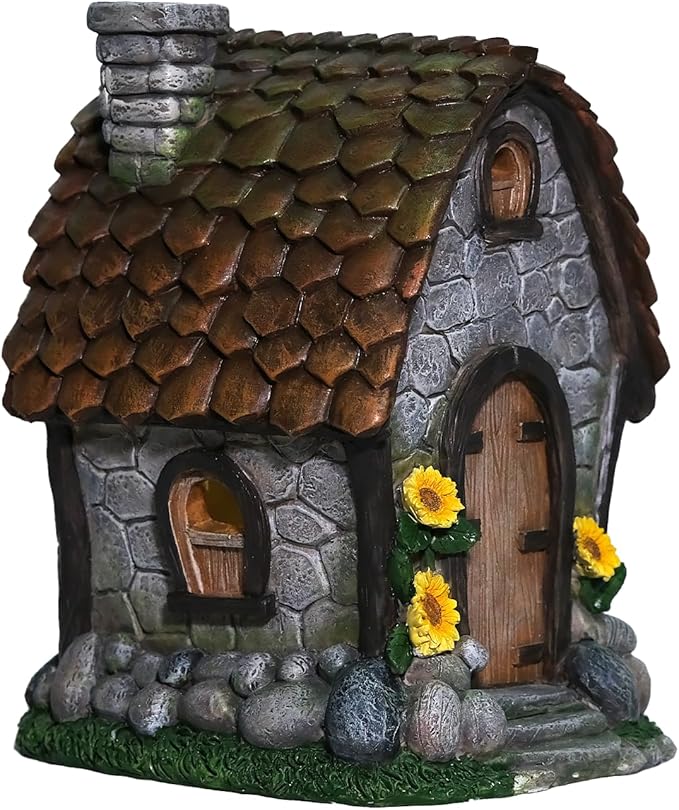 Zayton Solar Garden House Statues Outdoor with Light Yard Resin Decoration Gift Handmade Housewarming Gift for Patio Yard Lawn Waterproof Cracking
