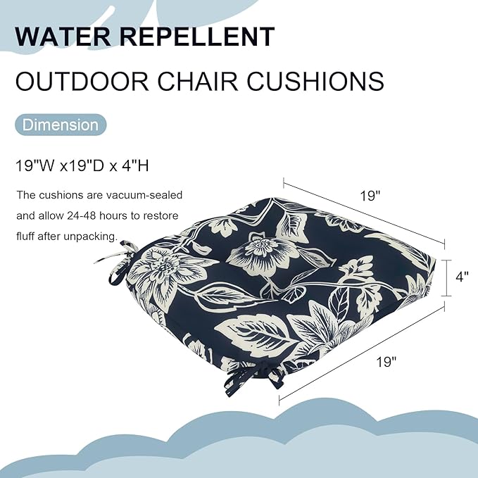 DYTXIII Set of 2 Outdoor Chair Cushions 19"x19"x4", Water Repellent Tufted Patio Seat Cushions with Ties, Thick Replacement Pads for Wicker Dining Chairs, Patio Furniture, Vines Navy