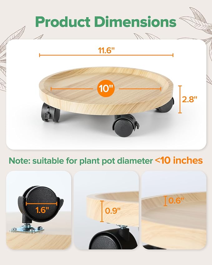 2 Pack Plant Caddy With Wheels, 12" Wood Rolling Plant Stand with 360° Lockable Wheels, Plant Stands Outdoor for Large Plants, Flower Cart Plant Dolly Plant Caster for Heavy Objects, Natural