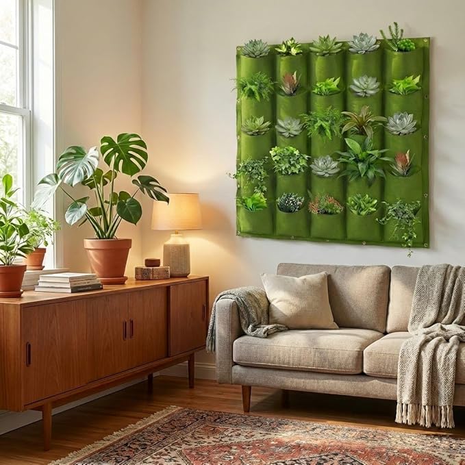 WFIST Vertical Hanging Planter Bag, Breathable Felt Wall Garden Planter with Metal Grommets, Indoor/Outdoor Space-Saving Herb & Flower Growing Pouch (25-Pocket)