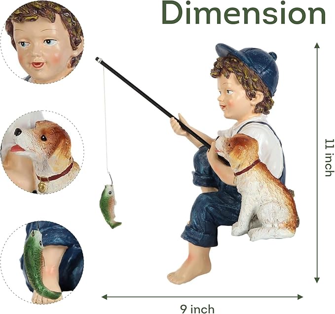 Lily's Home 11-Inch Fishing Boy and Dog Statue - Resin Garden Decor for Outside - Outdoor and Garden Decorations - Cottage Style Garden Statues Yard Art