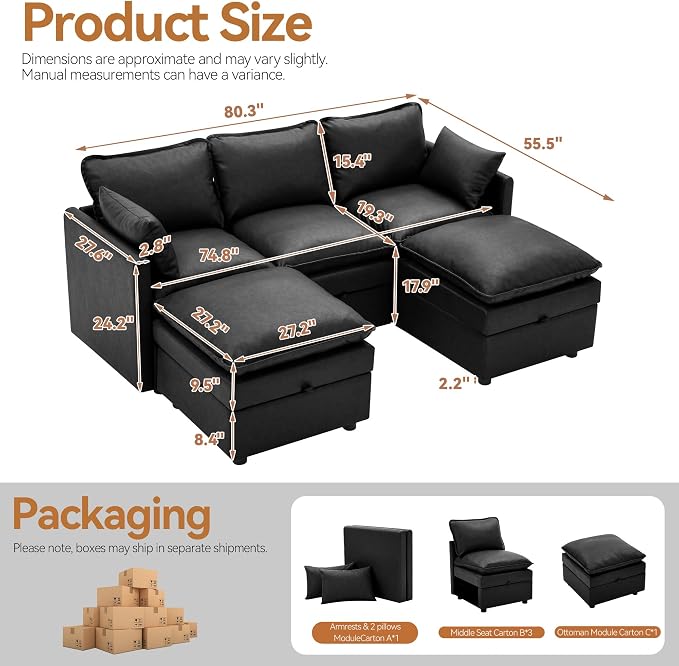 80" Storage Modular U-Shape Sofa Faux Leather with 2 Ottomans,Black