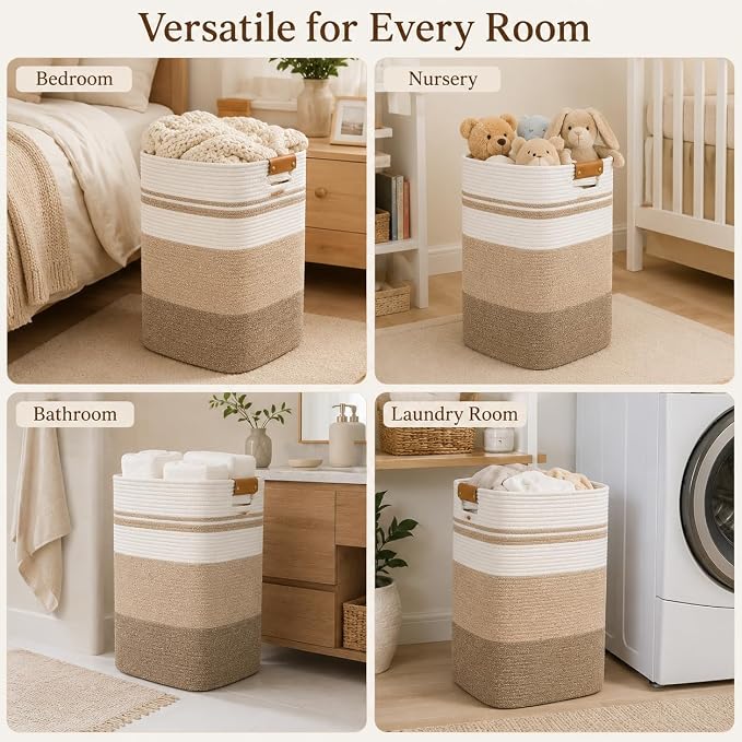 Laundry Hamper, Cotton Rope Laundry Basket with Leather Handles, 22.5-Gallon/85 L Large Clothes Hampers for Laundry, Woven Laundry Baskets for Blankets, Clothing, Bedroom, Living Room, Nursery