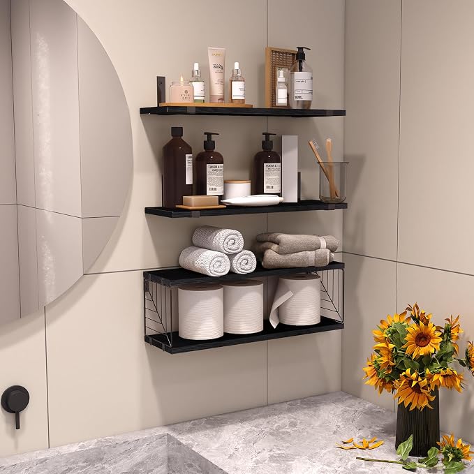 Fixwal 3+1 Tier Bathroom Floating Shelves Over Toilet, Black | Black Wood Shelf Set with Toilet Paper Storage Basket, Natural Finish, 40Lb Weight Limit, Quick Mount, Versatile