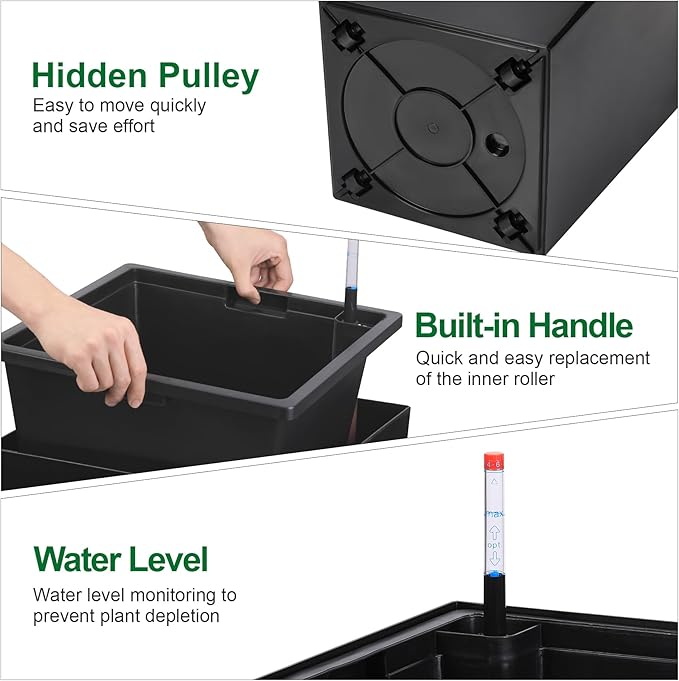 30 Inch Tall Self Watering Planters for Patio, Set of 2 Large Square PP Plastic Planters with Water Reservoir, Modern Floor Standing Self-Watering Pots for Indoor Outdoor Home Garden Decor, Black