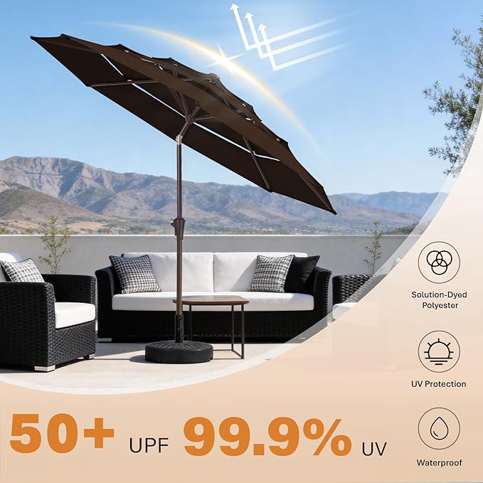 JEAREY 9FT 3 Tier Patio Umbrella Outdoor Market Umbrella Table Umbrellas with 8 Ribs 1.5 Pole Push Button Tilt and Crank UV Protection for Garden,Brown
