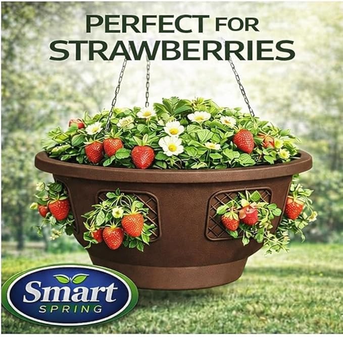 Hanging Planter Basket 20 Pack Bulk, Easy Fill Strawberry Planter, Outdoor Hanging Basket with Side Planting Panels, Durable UV Resistant Planters, Made in USA (20, Mocha)