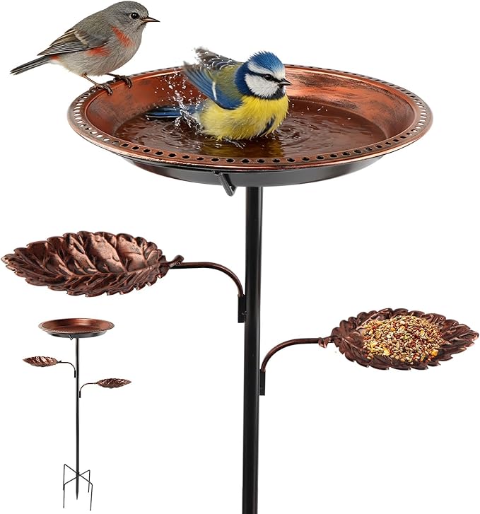 3 in 1 Metal Bird Bath for Outside, 35.43" Freestanding Birdbath with 5 Prong Stake Base, 12" Bowl, Vintage Bronze, Garden Patio Yard Decor