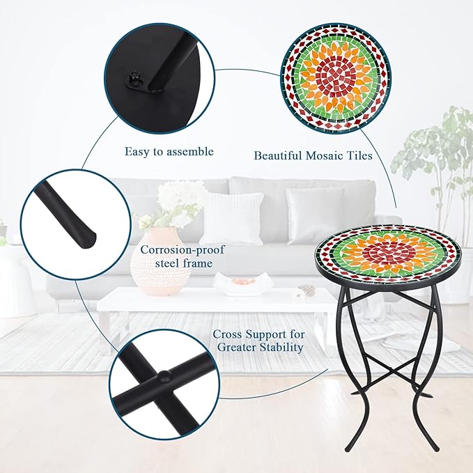 Vipush Mosaic Outdoor Side Table, 14" Round Folding Plant Stand for Patio Garden Backyard Balcony Porch Indoor Accent End Table for Living Room, Ceramic Tabletop with Black Iron, Sunflower