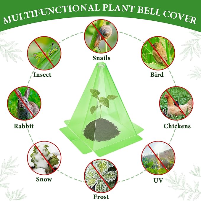 Garden Cloches, 30 Pack Plastic Small Plant Seedling Protector, Reusable Green Clear Bell Covers with 60p Ground Securing Peg, 7.8" x 11" Green Mini Greenhouse to Protect Plants from Birds, Slugs, Sun