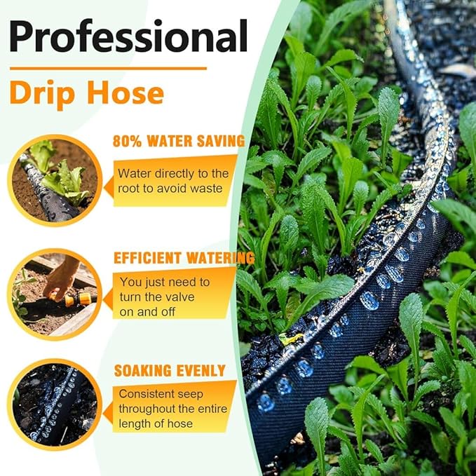 LAVEVE Heavy Duty Flat Garden Soaker Hose 150FT, Flexible Water Hose Irrigation Tubing, Leakproof Drip Hose Watering for Garden, Lawn, Flower Bed, Vegetable (50FT x 3Pack)