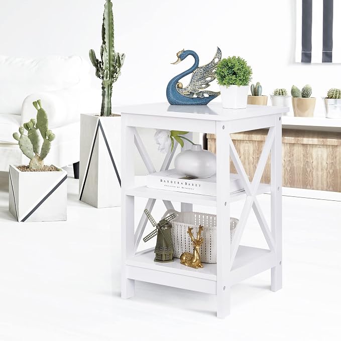 ZenStyle Set of 2 End Table 3-Tier X-Design Side Table with Storage Shelves Sofa Side Table Storage Organizer Display for Bedroom, Living Room, Office, Nursery Room, White