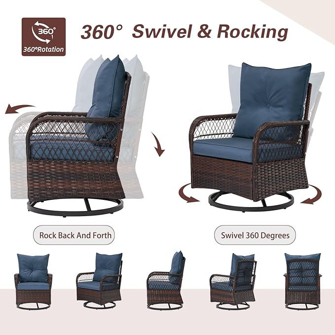 MELLCOM 3 Piece Patio Set, Outdoor Swivel Rocker Patio Chairs with Thick Cushions and Glass Table for Balcony Front Porch Poolside Garden Deck, Blue
