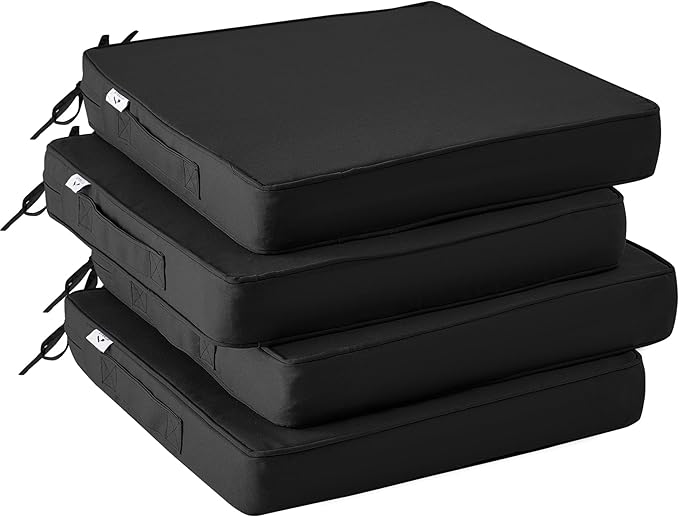 IPYNBAP Outdoor Chair Cushions Set of 4,Waterproof Outdoor Seat Cushions for Patio Furniture,Patio Chair Cushion with Handle and Ties, Square Out Door Chair Pads,19" x 19" x 3", Black