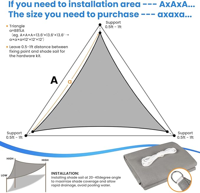 StorageTastic Triangle Sun Shade Sail - 16' x 16' x 16', UV Block Awnings for Patio Shade with Ropes Resist Wear, Tear & Fade, Breathable Sunshades for Outdoor Patio, Garden, Deck, Yard (Grey)