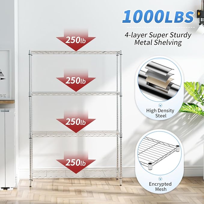 BestOffice | 4-Tier Wire Shelf | 36" x 14" x 54" | Chrome