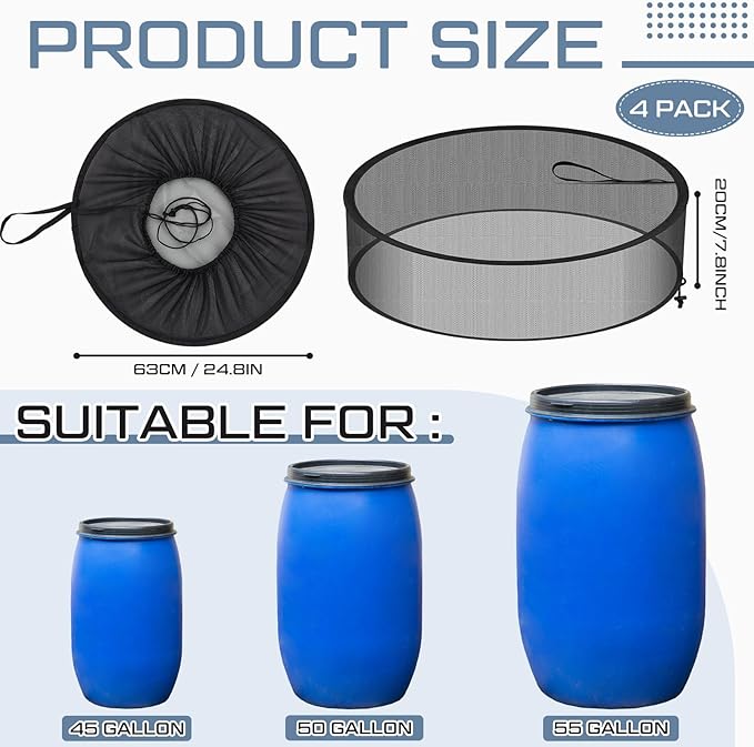 SATINIOR 4 Pcs Mesh Cover for Rain Barrels 24.8 Inches Pop up Rain Barrel Net Cover with Drawstring Water Collection Buckets Screen Barrel Screen for Preventing Fallen Leaves in Outdoor Garden Eaves