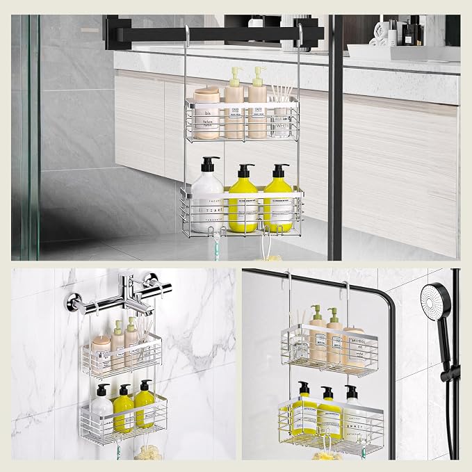DELLAN Hanging Shower Caddy, 2-Tier Shower Rack with Hooks Over the Door