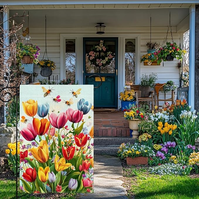 Spring Summer Tulip Garden Flag 12x18 Inch Double Sided, Colorful Welcome Yard Decor, Farmhouse Outdoor Flag for Lawn Patio Porch