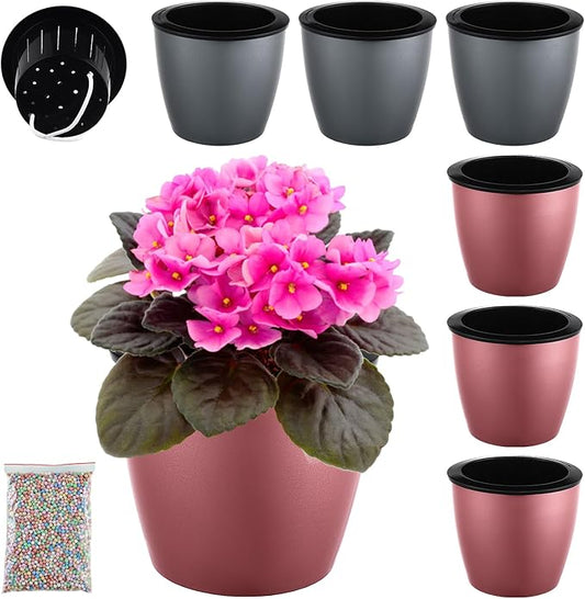 Planterhoma 6.7 Inch Self Watering Pots for Indoor Plants, 6 Packs African Violet Pots, Black Wick Pot with Drainage Holes, Self Watering Planters for Orchid, Devil's Ivy, Silver/Rose Gold