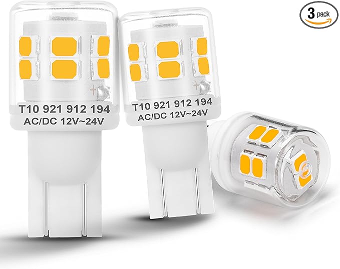 Heifymi 921 194 LED Light Bulbs 2W 2700K Warm White 300lm 12V-24V AC/DC T5 T10 Wedge Base 912 922 for Outdoor Landscape Deck Stair Step Path Lights RV Camper Travel Tailer Boat Marine Lights, 3 Pack