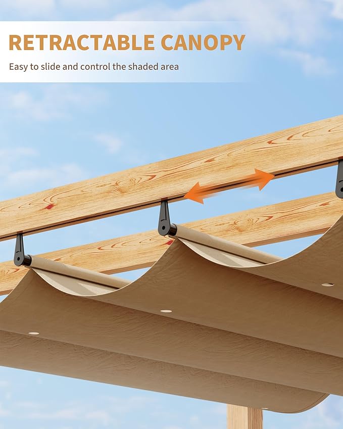 KYBOLT 10x10 Ft Aluminum Pergola Outdoor Gazebo with Retractable Canopy Imitation Wood-Grain Sun Shade Shelter for Garden Patio Backyard Deck(Khaki)