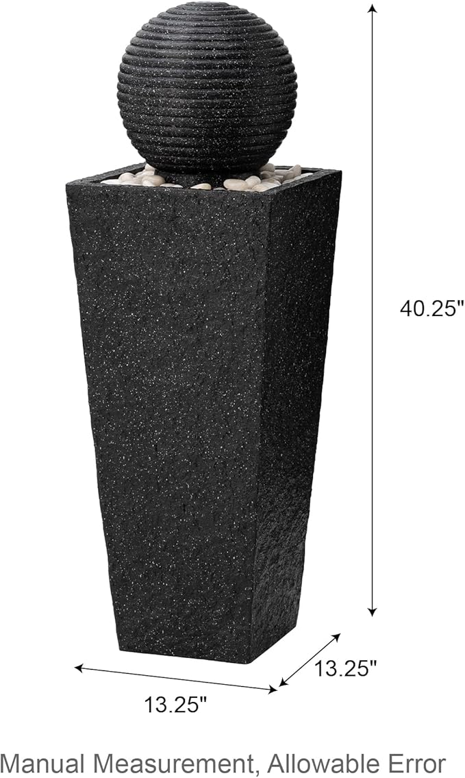 Glitzhome Outdoor Water Fountain, 40.25"H Modern Geometric Pedestal and Sphere Polyresin Waterfall Fountain, Outdoor Fountain with Pebbles, Pump and LED Light for Patio, Backyard, Garden, Deck(Black)
