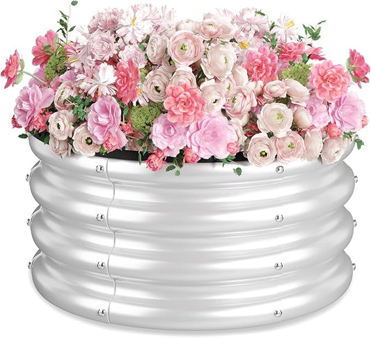 2 x 2 x 1 ft Round Raised Garden Bed, Silver 1 Pack 0.6 mm Thick Galvanized Steel Planter Box with Double Layer Paint and Safety Edge Trim for Vegetables Flowers Herbs Outdoor Garden