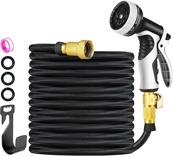 Garden Hose 25 FT, Lightweight Non-Expanding Water Hose with 10 Function Nozzle, Manguera Para Jardin with 3/4" Brass Connectors Leak-Proof, Burst-Resistant, Anti-Kink