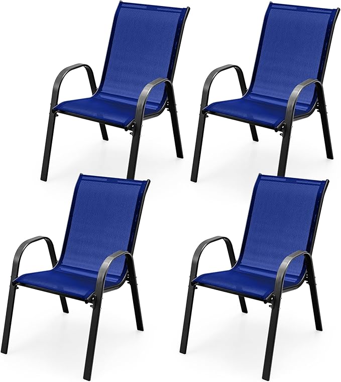 MEDIMALL Patio Chairs, Stackable Patio Chairs Set of 4, Blue Lawn Chairs with Armrest & Breathable Fabric for All Weather, Outdoor Dining Chairs for Yard, Poolside, Balcony, Garden