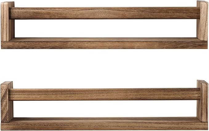 JORIKCHUO Nursery Book Shelves, Set of 2 Wood Floating Book Shelves for Kids Room, Kitchen Spice Rack, or Rustic Wall Mounted Shelves for Farmhouse Bathroom Décor (carbonized)
