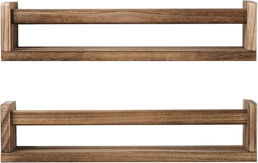JORIKCHUO Nursery Book Shelves, Set of 2 Wood Floating Book Shelves for Kids Room, Kitchen Spice Rack, or Rustic Wall Mounted Shelves for Farmhouse Bathroom Décor (carbonized)