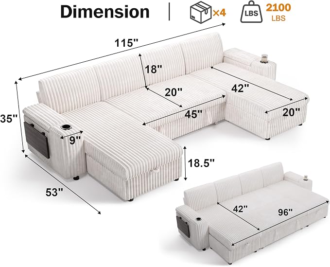 Vipbear 108" Modular Sectional Sleeper Sofa with Pull Out Bed, 4 Seat Plush Corduroy U Shaped Couch with USB Ports|Cup Holders|Side Table|Storage Chaise Armrests, Tool Free Assembly, Beige