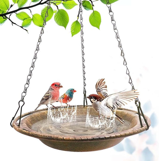 Hanging Bird Bath & Feeder Bowl, 12 in Outdoor Bird Bath with Chains, Backyard Garden Decor, Durable Weather-Resistant PP, Antique Copper Finish – 1 Pack