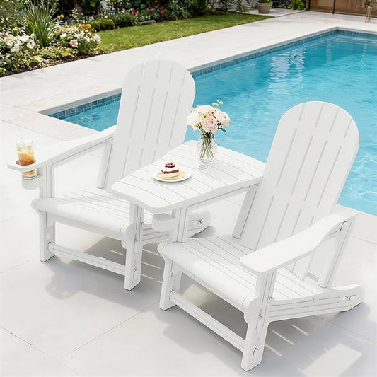 Vongrasig Adirondack Chairs Set of 2 with Removable Tabletop, Outdoor HDPE Plastic Fire Pit Chair Set with Wooden Textured, Cup Holder for Patio, Poolside, Deck, Garden, White, 3 Pieces