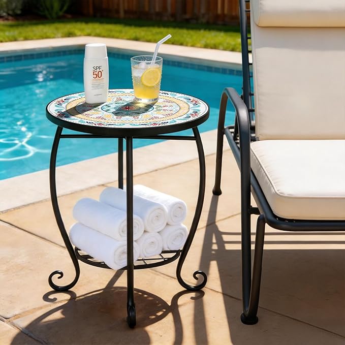 VINGLI Outdoor Side Table for Patio, Small Outdoor Table with Storage Shelf, Heavy Duty Metal Frame Patio Side Table for Outside Balcony Garden Porch (Celadon Flower Realm)