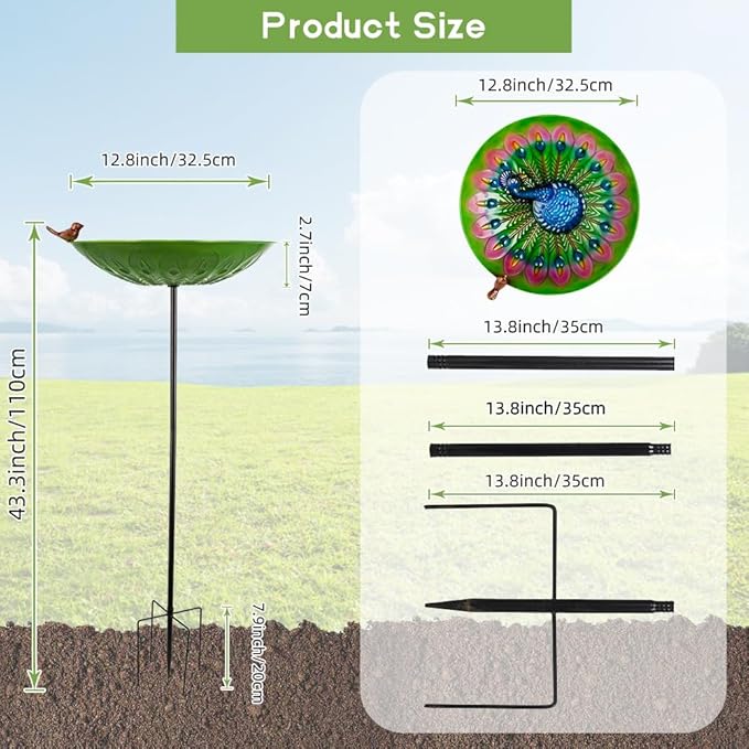 Metal Bird Bath for Outdoors, Peacock Birdbath with Stake, 43" H Bird Bath & Feeder with 13" Bowl for Outside Garden Patio Yard Decor